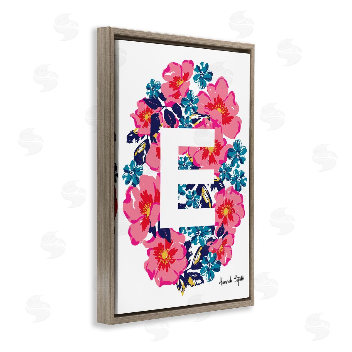 Floral Bloom Letter E Brown Floating Frame Canvas Wall Art, Home Decor by Hannah Louise Byatt