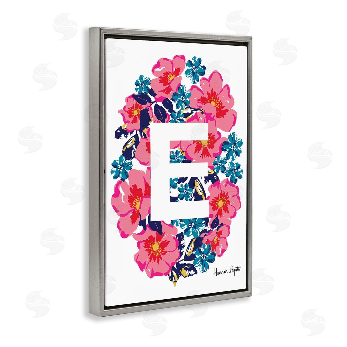 Floral Bloom Letter E Grey Floating Frame Canvas Wall Art, Home Decor by Hannah Louise Byatt