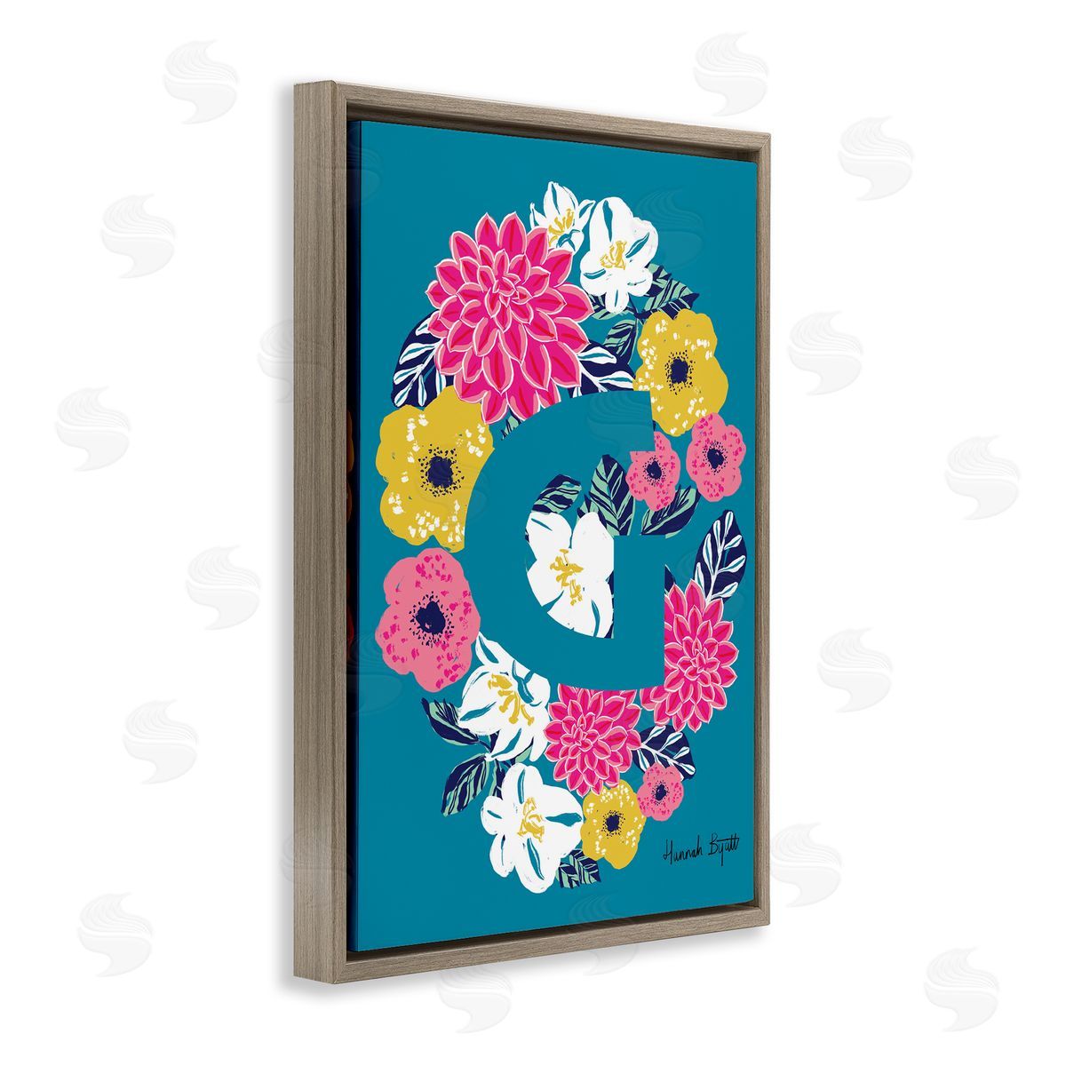 Floral Bloom Letter G Brown Floating Frame Canvas Wall Art, Home Decor by Hannah Louise Byatt