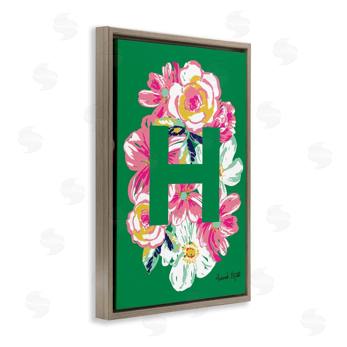 Floral Bloom Letter H Brown Floating Frame Canvas Wall Art, Home Decor by Hannah Louise Byatt