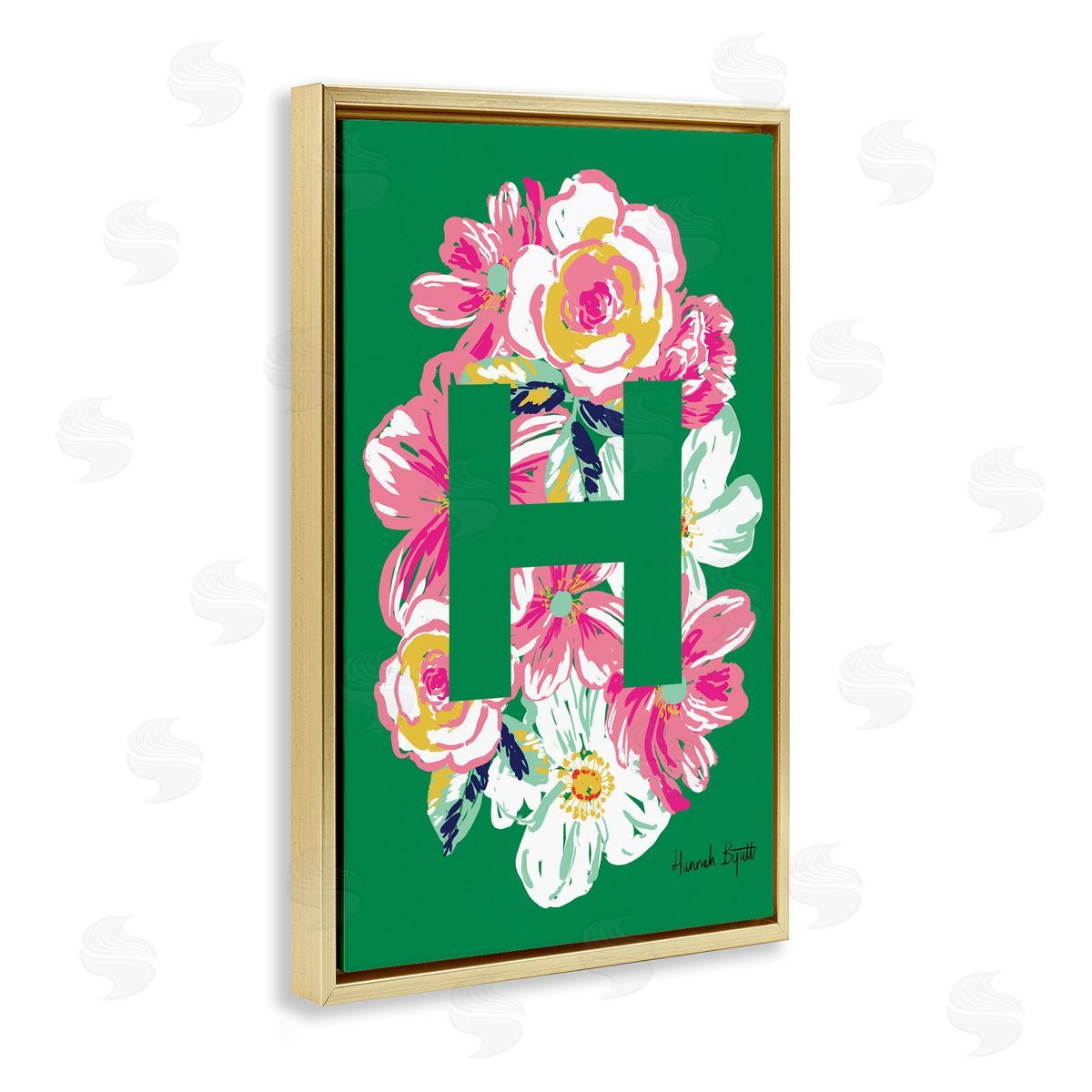 Floral Bloom Letter H Gold Floating Frame Canvas Wall Art, Home Decor by Hannah Louise Byatt