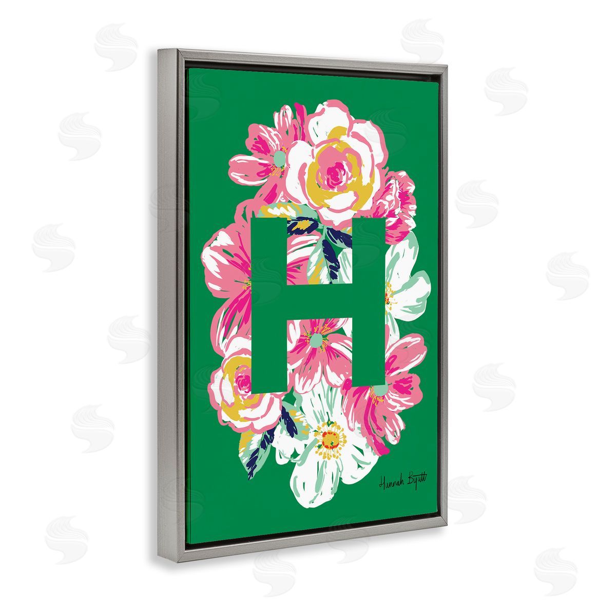 Floral Bloom Letter H Grey Floating Frame Canvas Wall Art, Home Decor by Hannah Louise Byatt