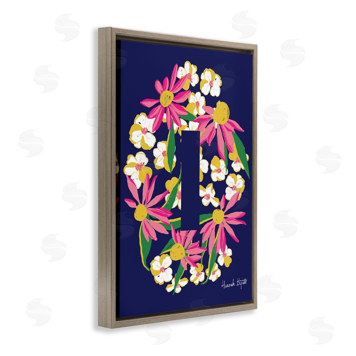 Floral Bloom Letter I Brown Floating Frame Canvas Wall Art, Home Decor by Hannah Louise Byatt