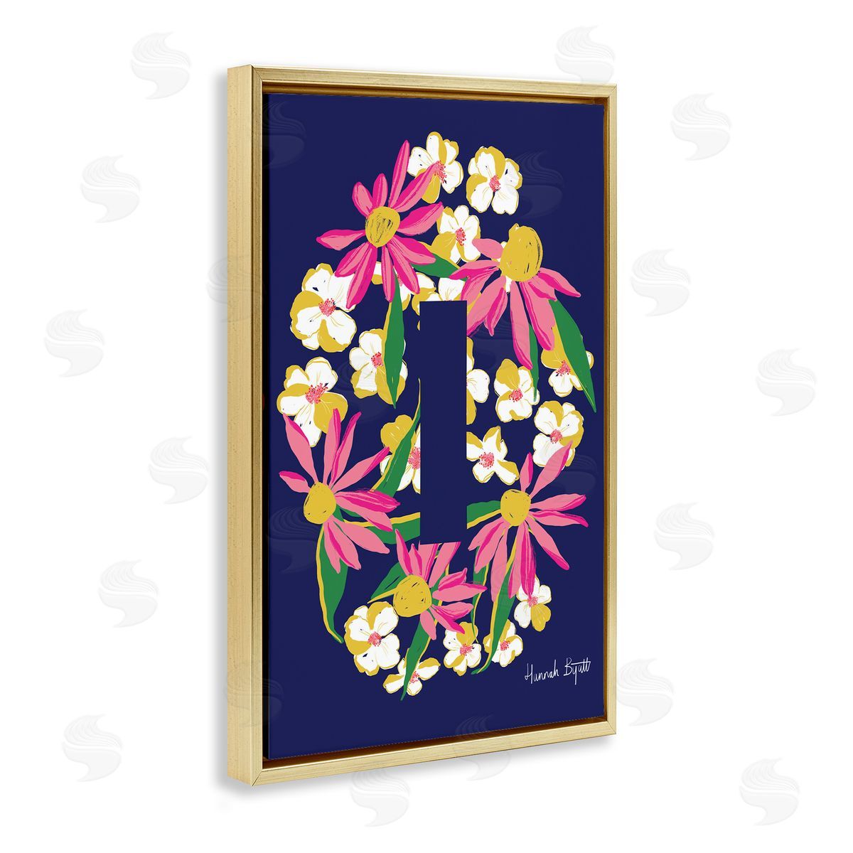 Floral Bloom Letter I Gold Floating Frame Canvas Wall Art, Home Decor by Hannah Louise Byatt