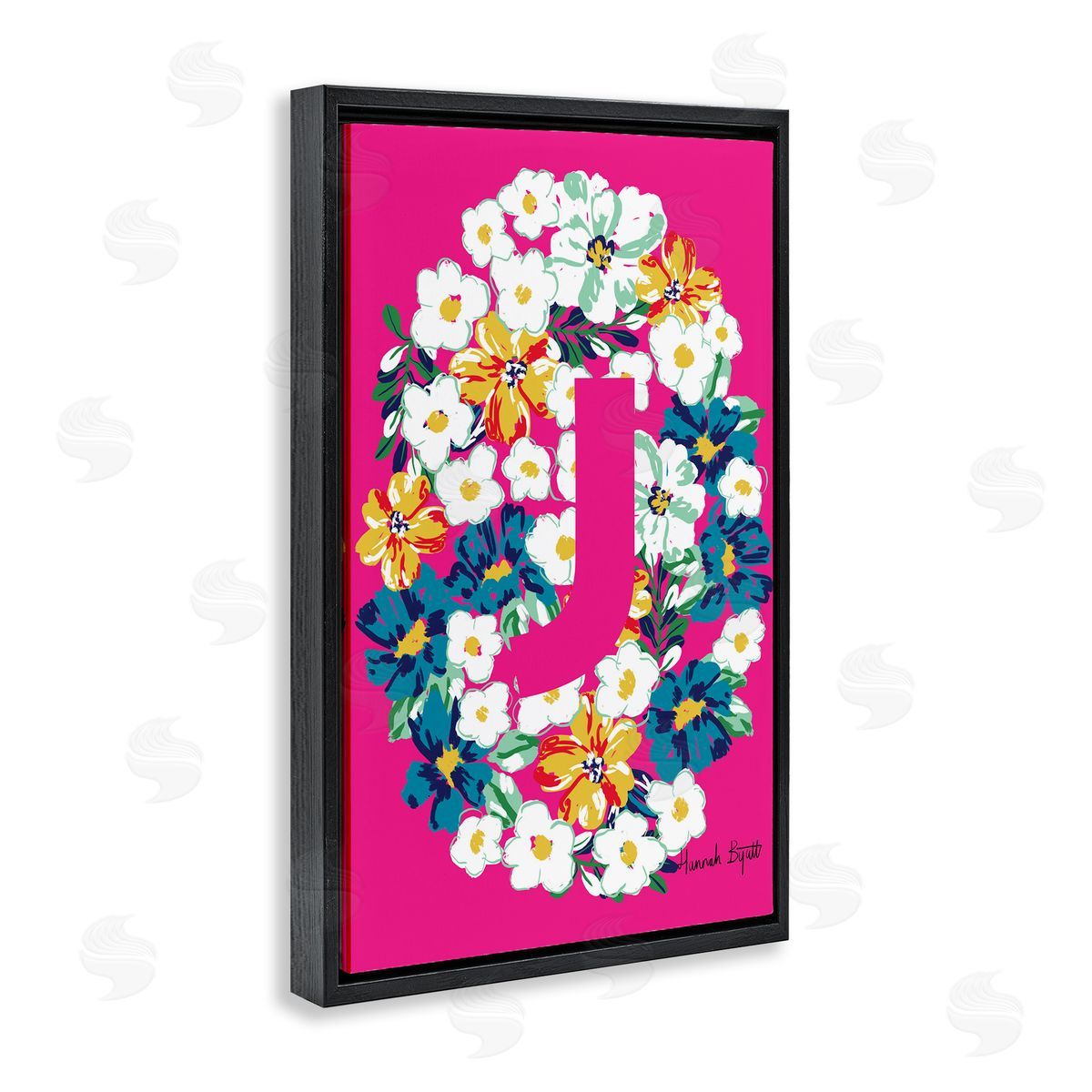 Floral Bloom Letter J Black Floating Frame Canvas Wall Art, Home Decor by Hannah Louise Byatt