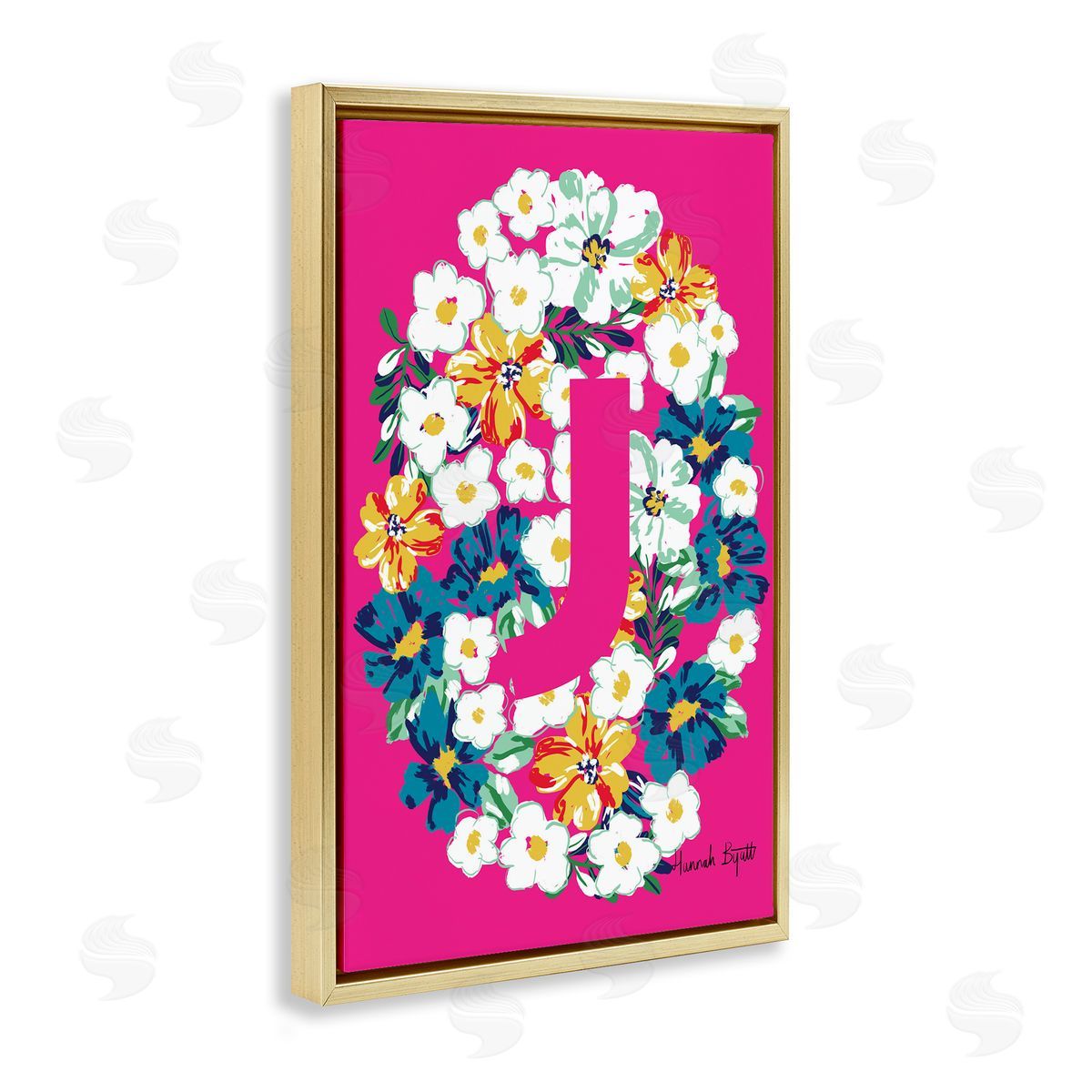 Floral Bloom Letter J Gold Floating Frame Canvas Wall Art, Home Decor by Hannah Louise Byatt