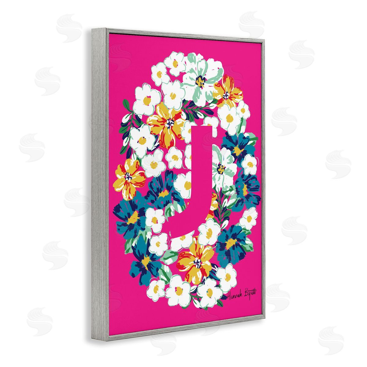 Floral Bloom Letter J Grey Frame Print Wall Art, Home Decor by Hannah Louise Byatt