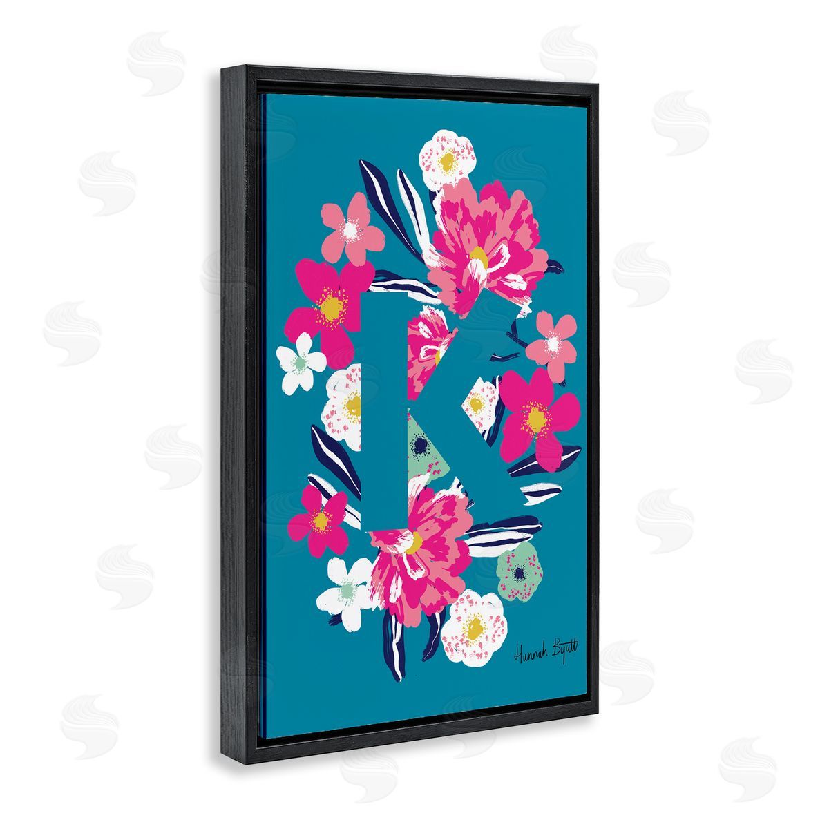 Floral Bloom Letter K Black Floating Frame Canvas Wall Art, Home Decor by Hannah Louise Byatt