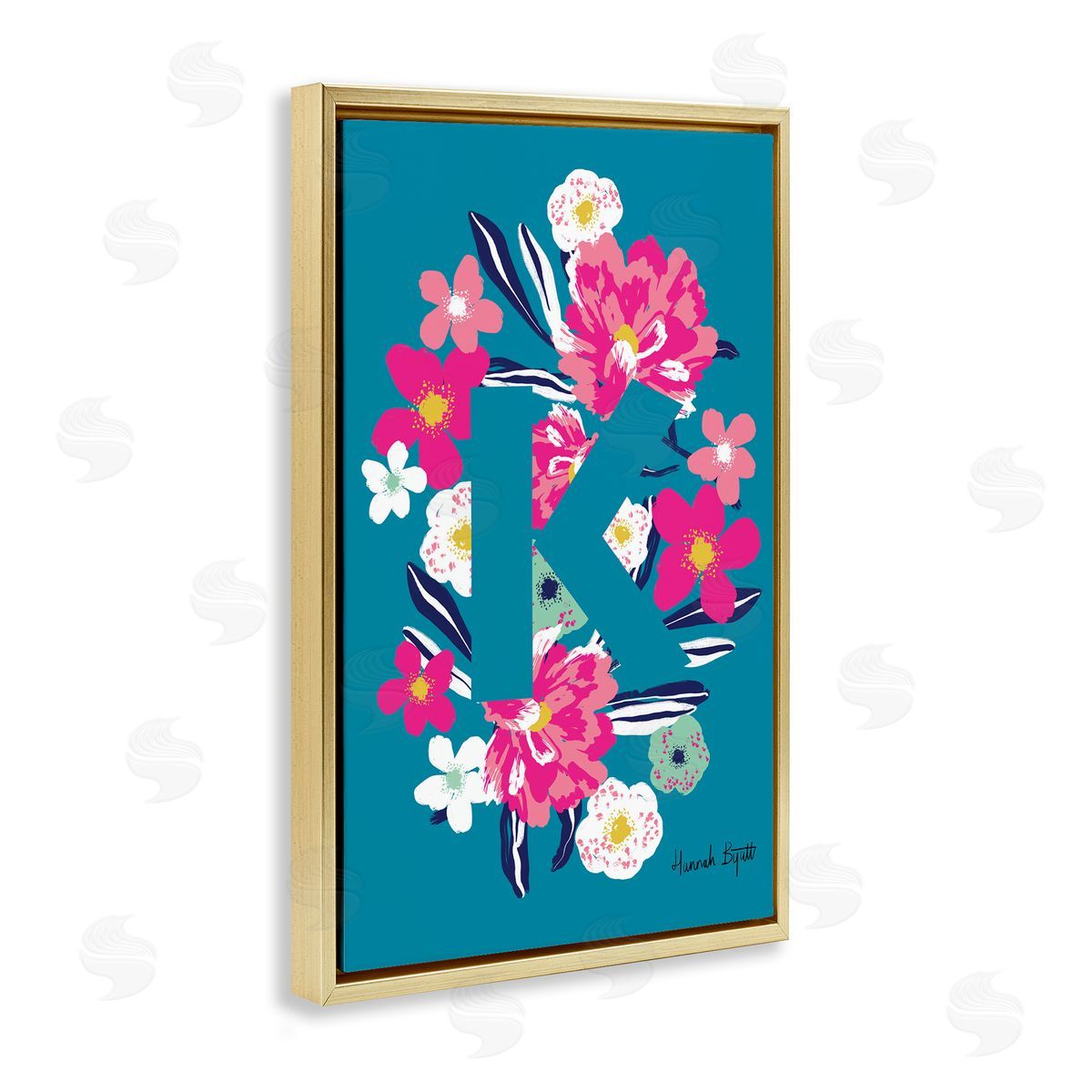 Floral Bloom Letter K Gold Floating Frame Canvas Wall Art, Home Decor by Hannah Louise Byatt
