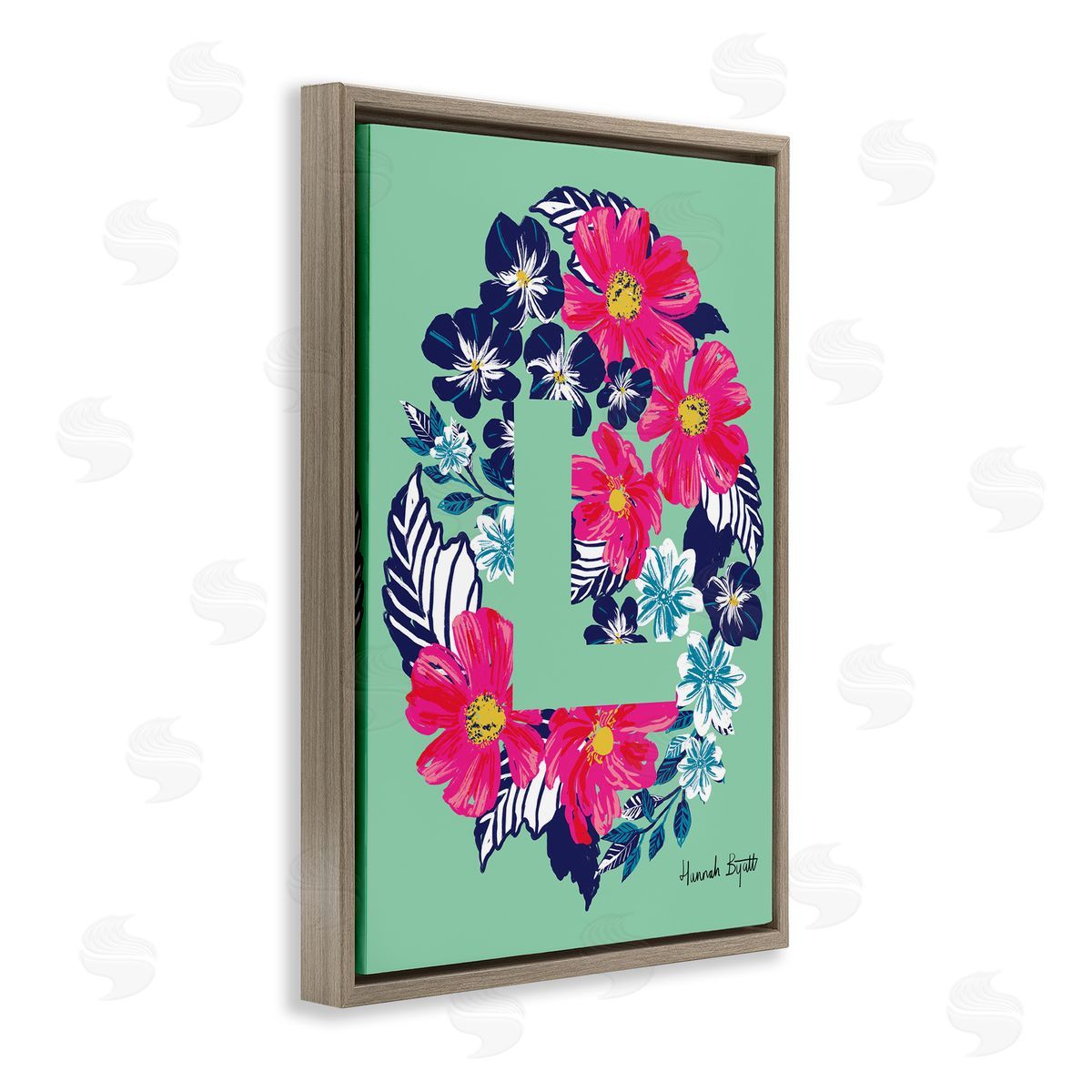 Floral Bloom Letter L Brown Floating Frame Canvas Wall Art, Home Decor by Hannah Louise Byatt