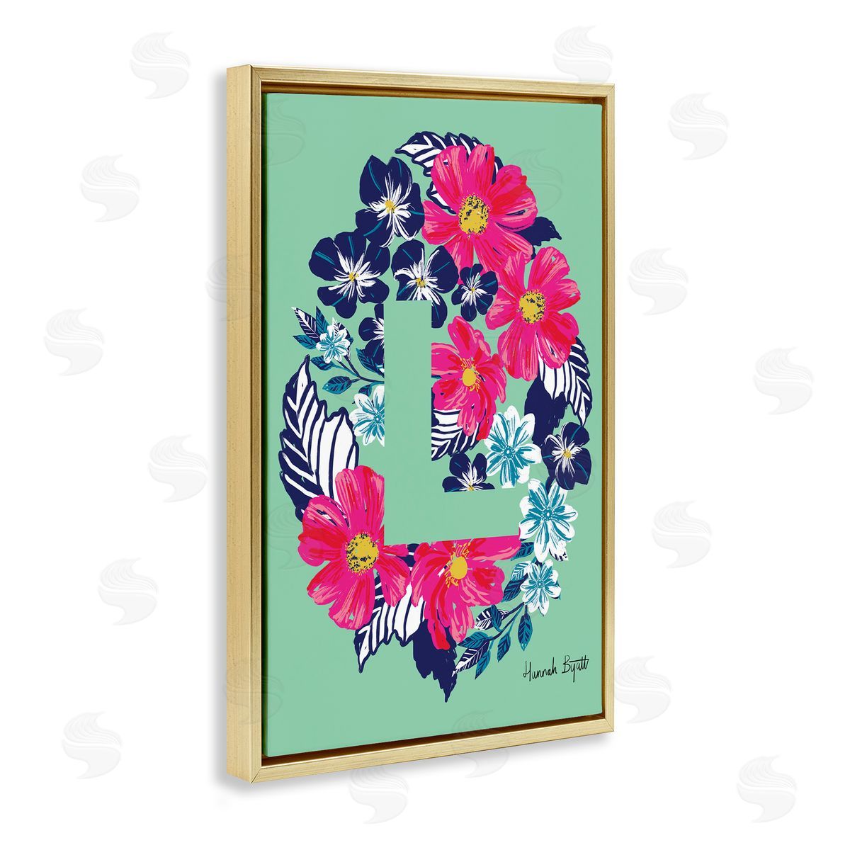 Floral Bloom Letter L Gold Floating Frame Canvas Wall Art, Home Decor by Hannah Louise Byatt