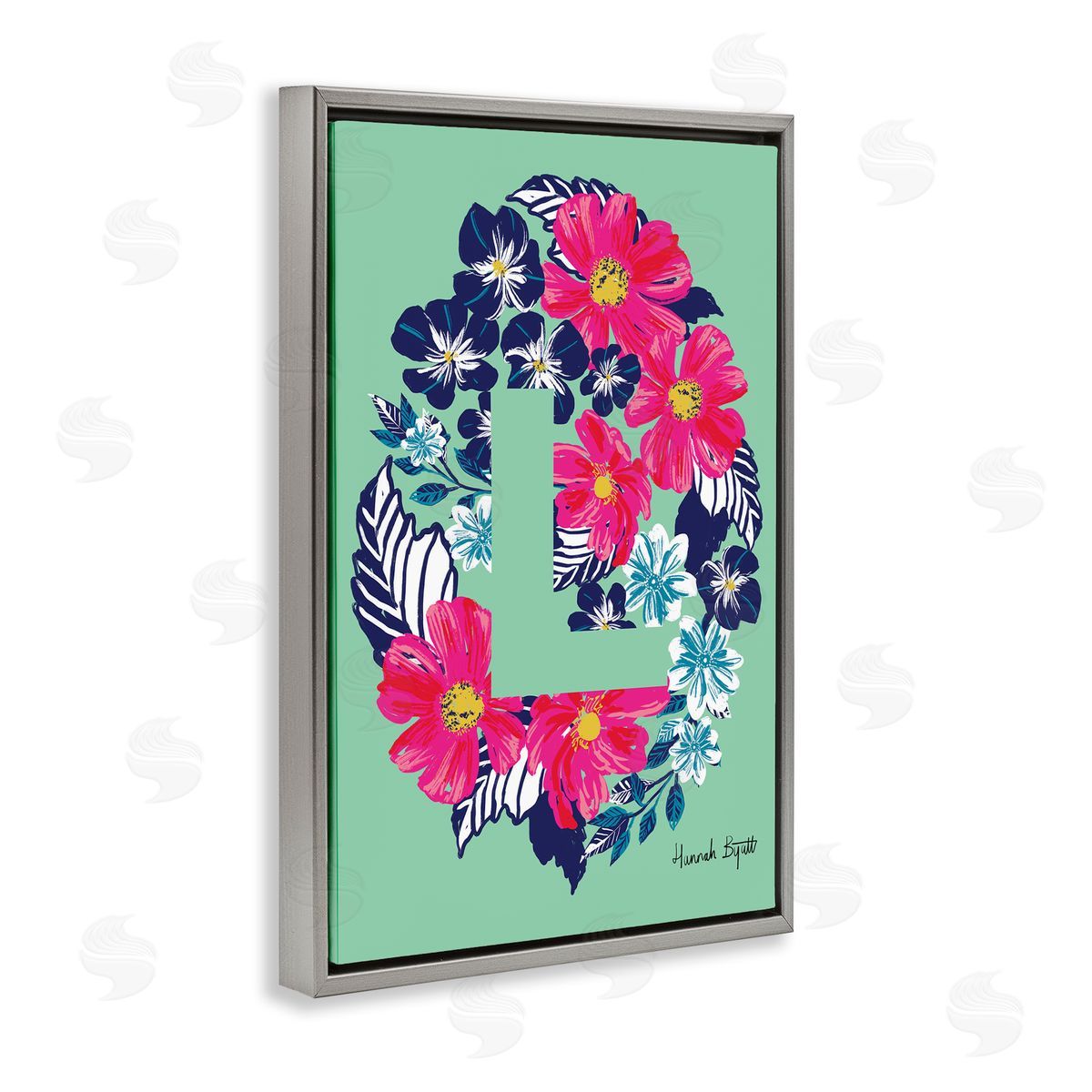 Floral Bloom Letter L Grey Floating Frame Canvas Wall Art, Home Decor by Hannah Louise Byatt