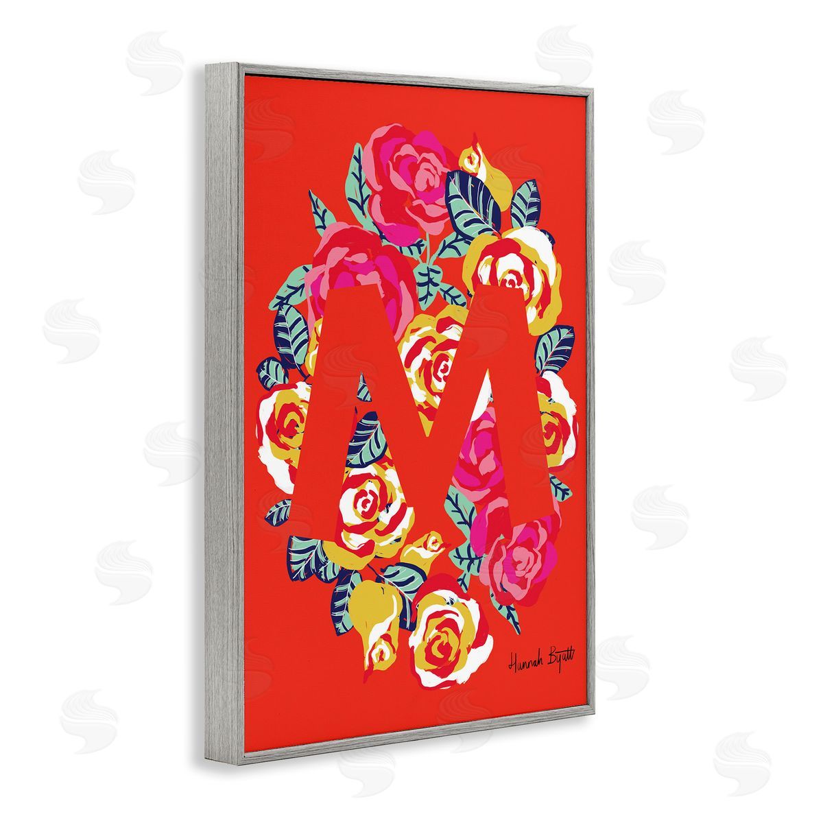 Floral Bloom Letter M Grey Frame Print Wall Art, Home Decor by Hannah Louise Byatt