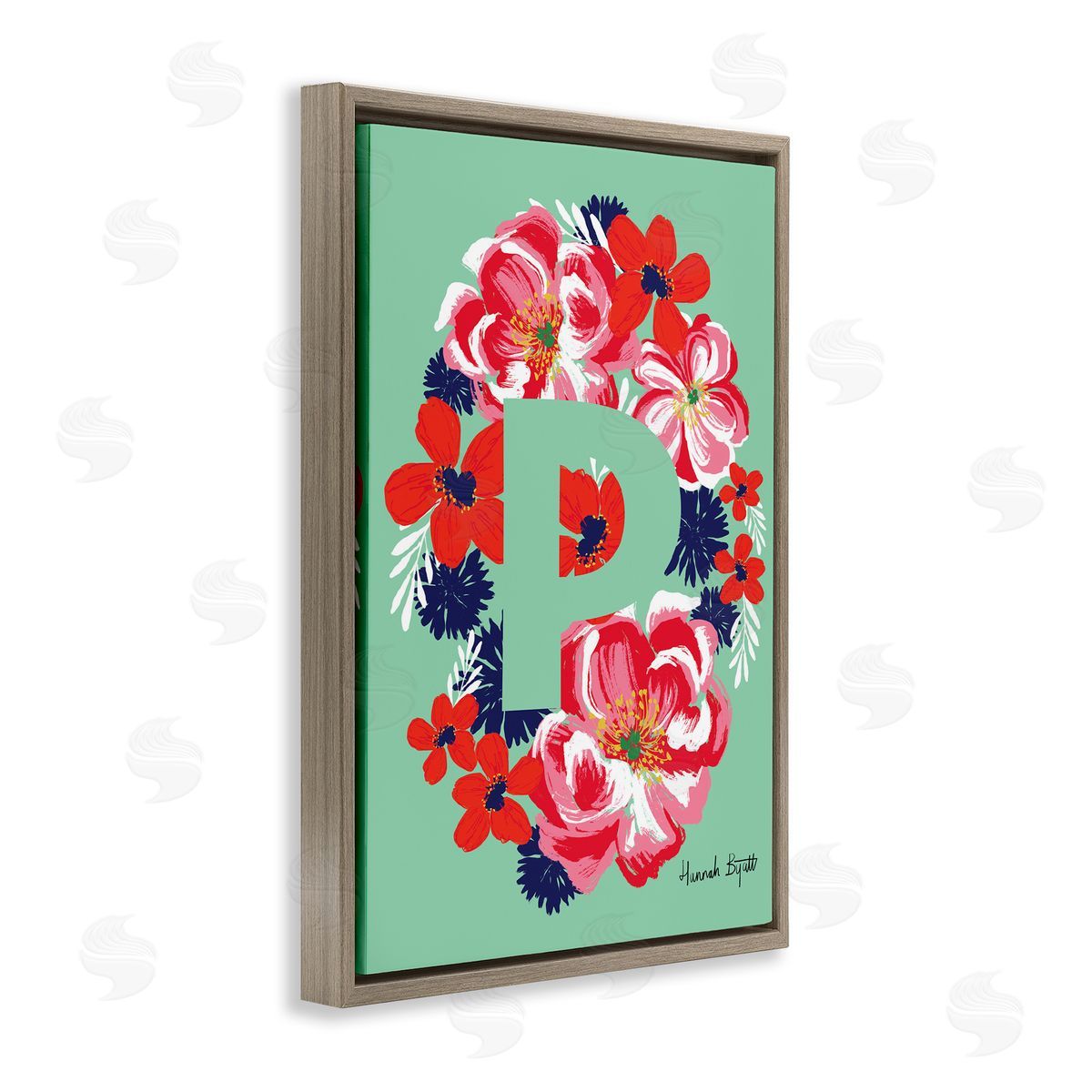 Floral Bloom Letter P Brown Floating Frame Canvas Wall Art, Home Decor by Hannah Louise Byatt