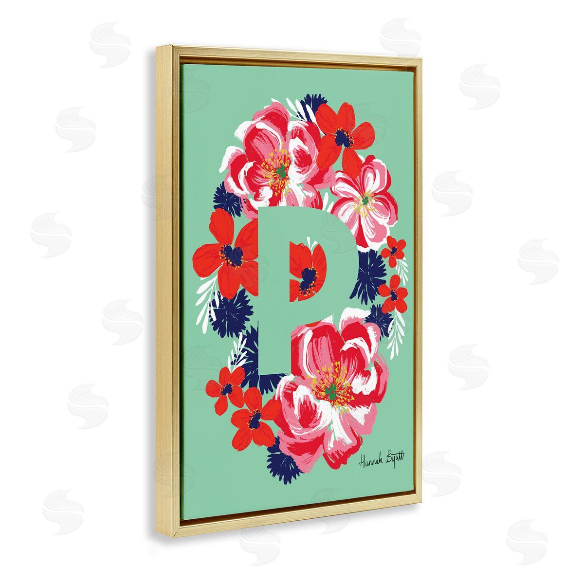Floral Bloom Letter P Gold Floating Frame Canvas Wall Art, Home Decor by Hannah Louise Byatt