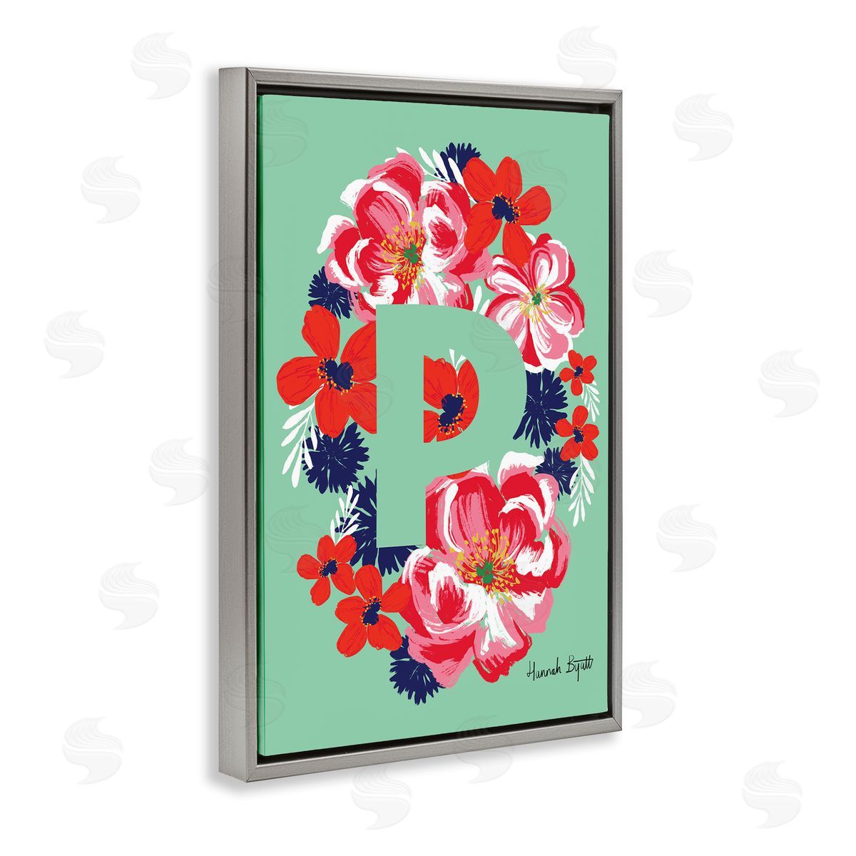 Floral Bloom Letter P Grey Floating Frame Canvas Wall Art, Home Decor by Hannah Louise Byatt