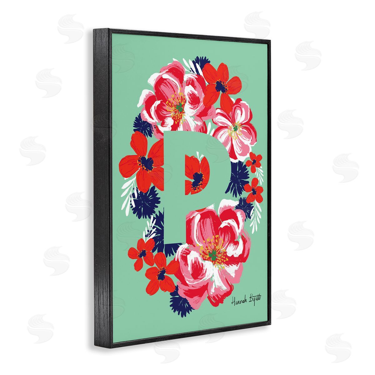 Floral Bloom Letter P Black Frame Print Wall Art, Home Decor by Hannah Louise Byatt