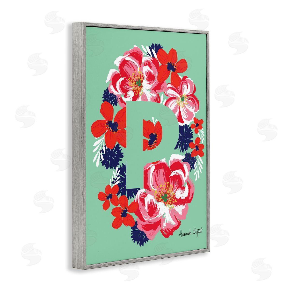 Floral Bloom Letter P Grey Frame Print Wall Art, Home Decor by Hannah Louise Byatt