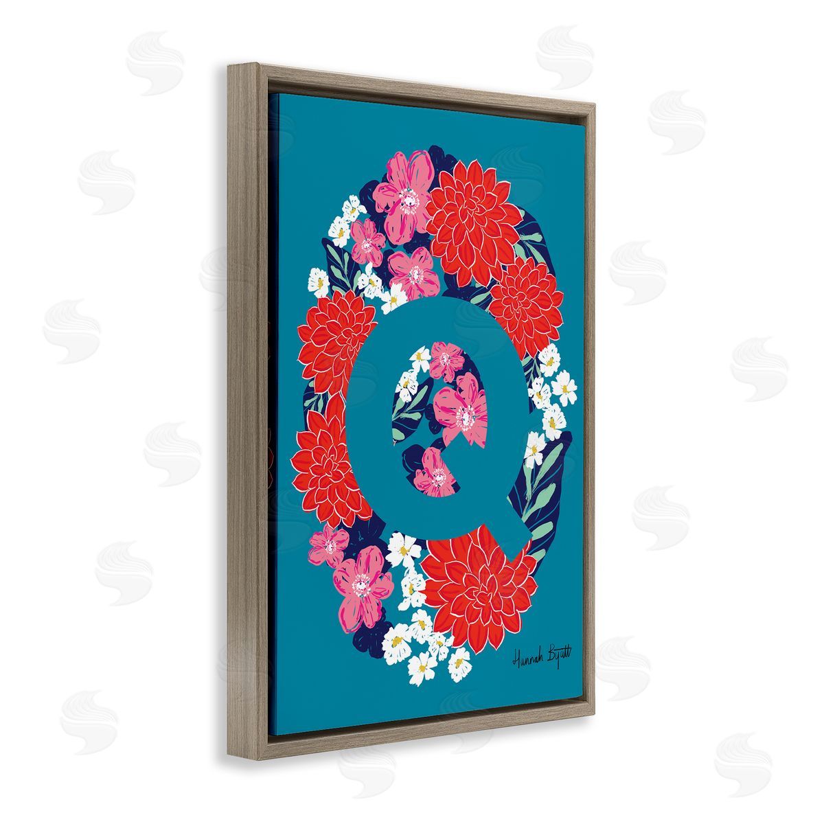Floral Bloom Letter Q Brown Floating Frame Canvas Wall Art, Home Decor by Hannah Louise Byatt