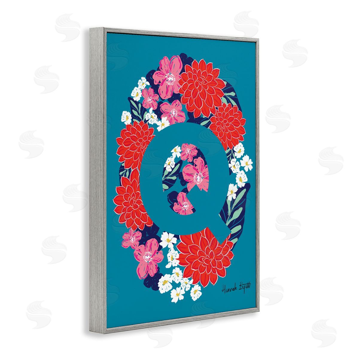 Floral Bloom Letter Q Grey Frame Print Wall Art, Home Decor by Hannah Louise Byatt