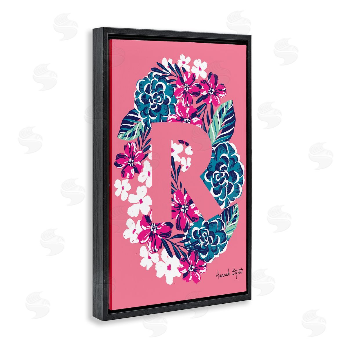 Floral Bloom Letter R Black Floating Frame Canvas Wall Art, Home Decor by Hannah Louise Byatt