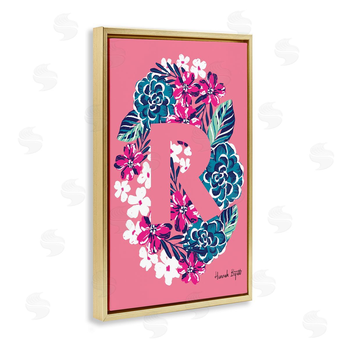 Floral Bloom Letter R Gold Floating Frame Canvas Wall Art, Home Decor by Hannah Louise Byatt