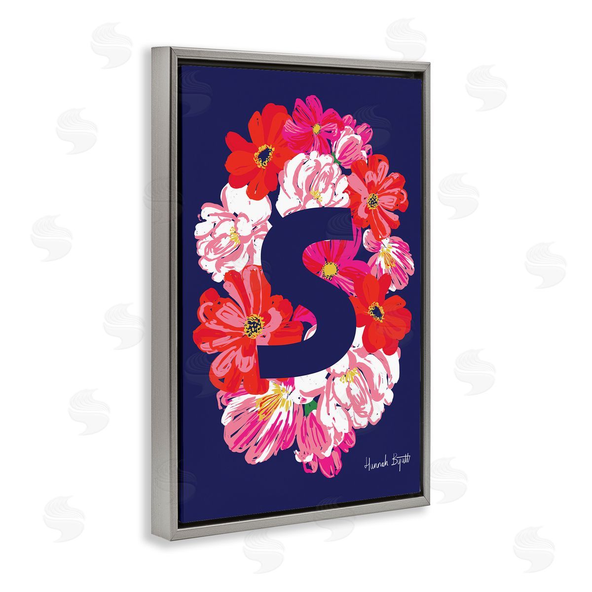 Floral Bloom Letter S Grey Floating Frame Canvas Wall Art, Home Decor by Hannah Louise Byatt