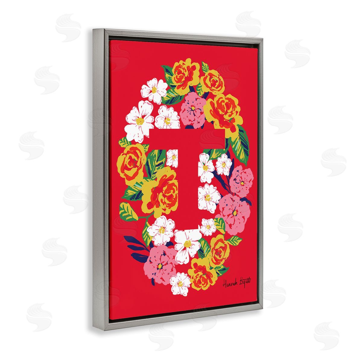 Floral Bloom Letter T Grey Floating Frame Canvas Wall Art, Home Decor by Hannah Louise Byatt