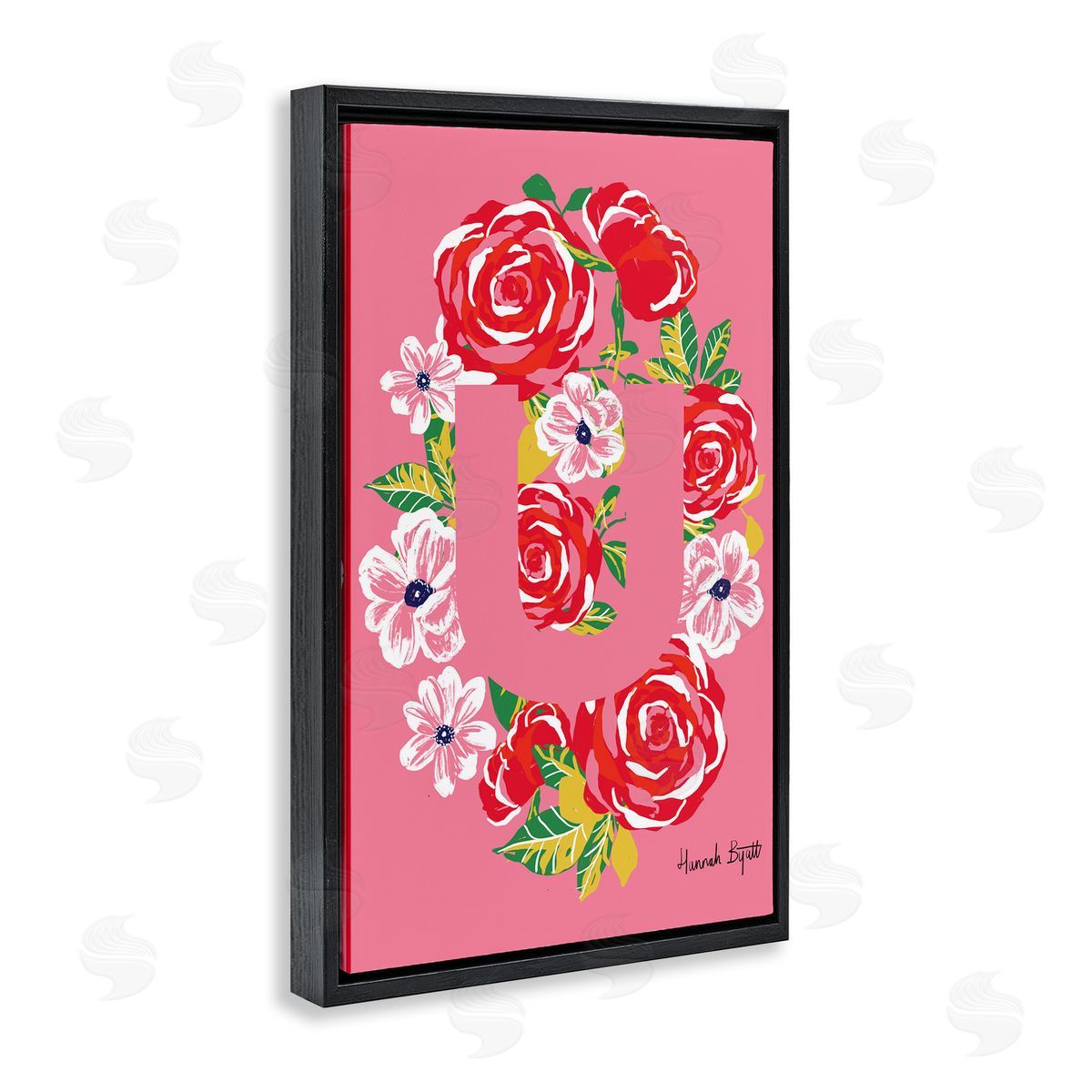 Floral Bloom Letter U Black Floating Frame Canvas Wall Art, Home Decor by Hannah Louise Byatt