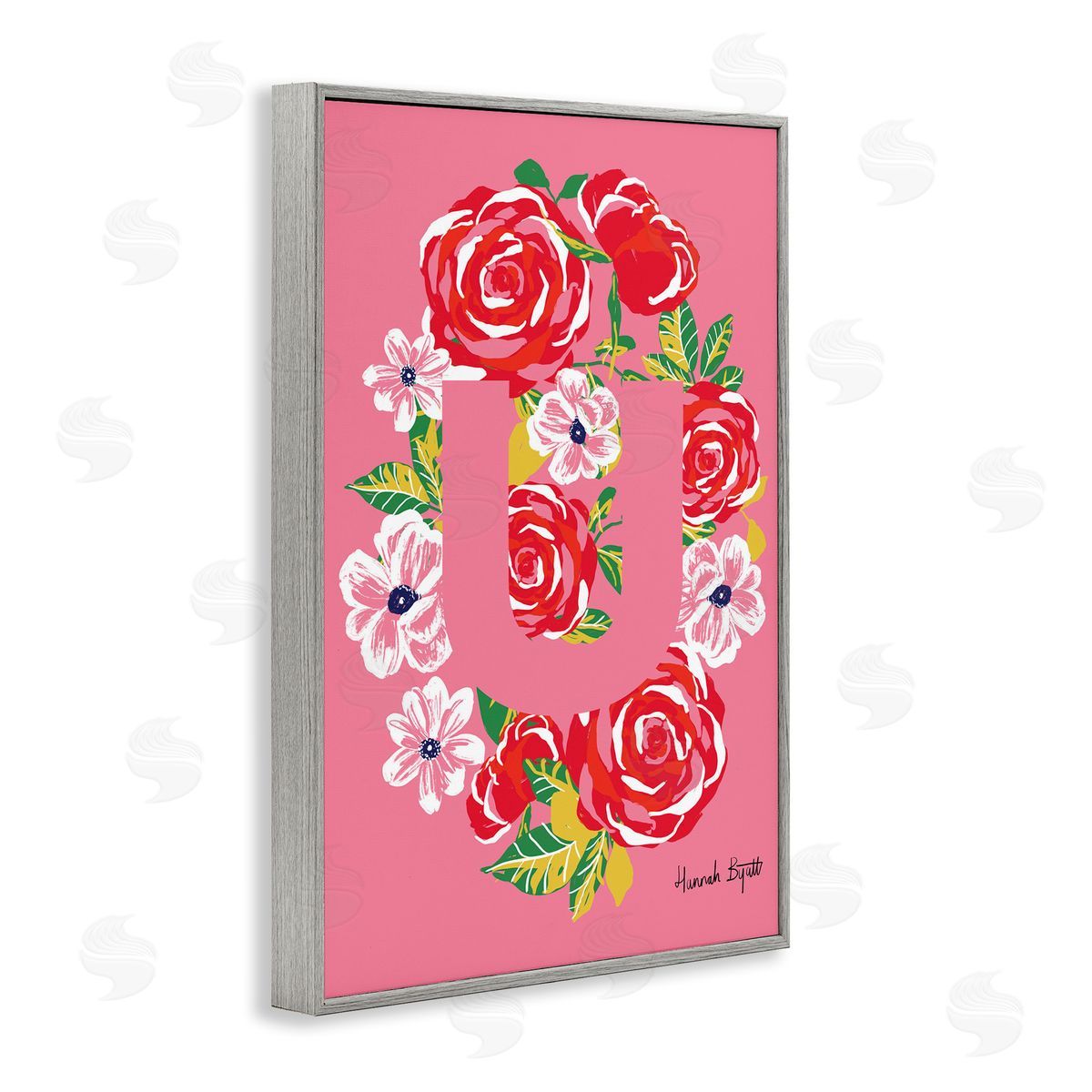 Floral Bloom Letter U Grey Frame Print Wall Art, Home Decor by Hannah Louise Byatt