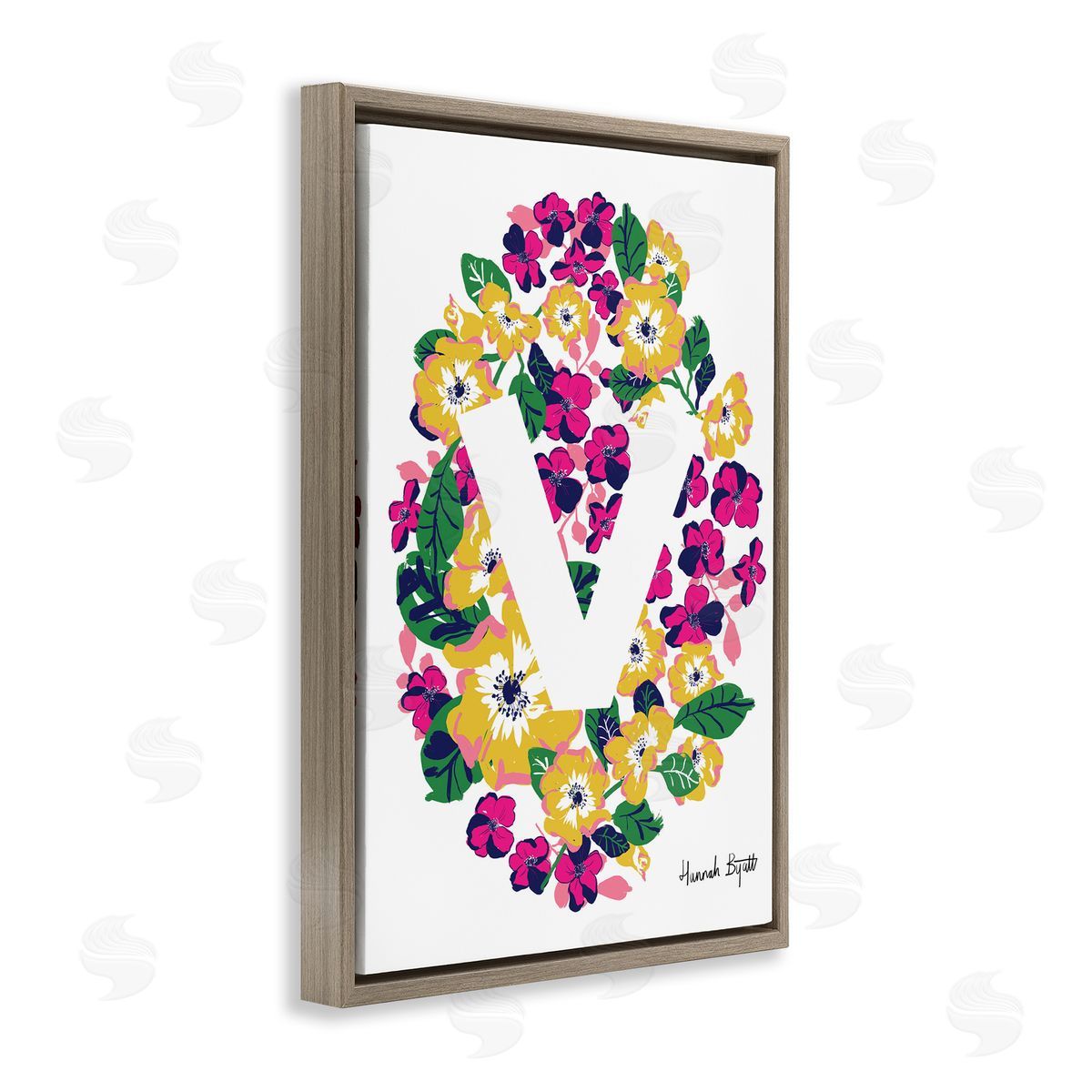 Floral Bloom Letter V Brown Floating Frame Canvas Wall Art, Home Decor by Hannah Louise Byatt