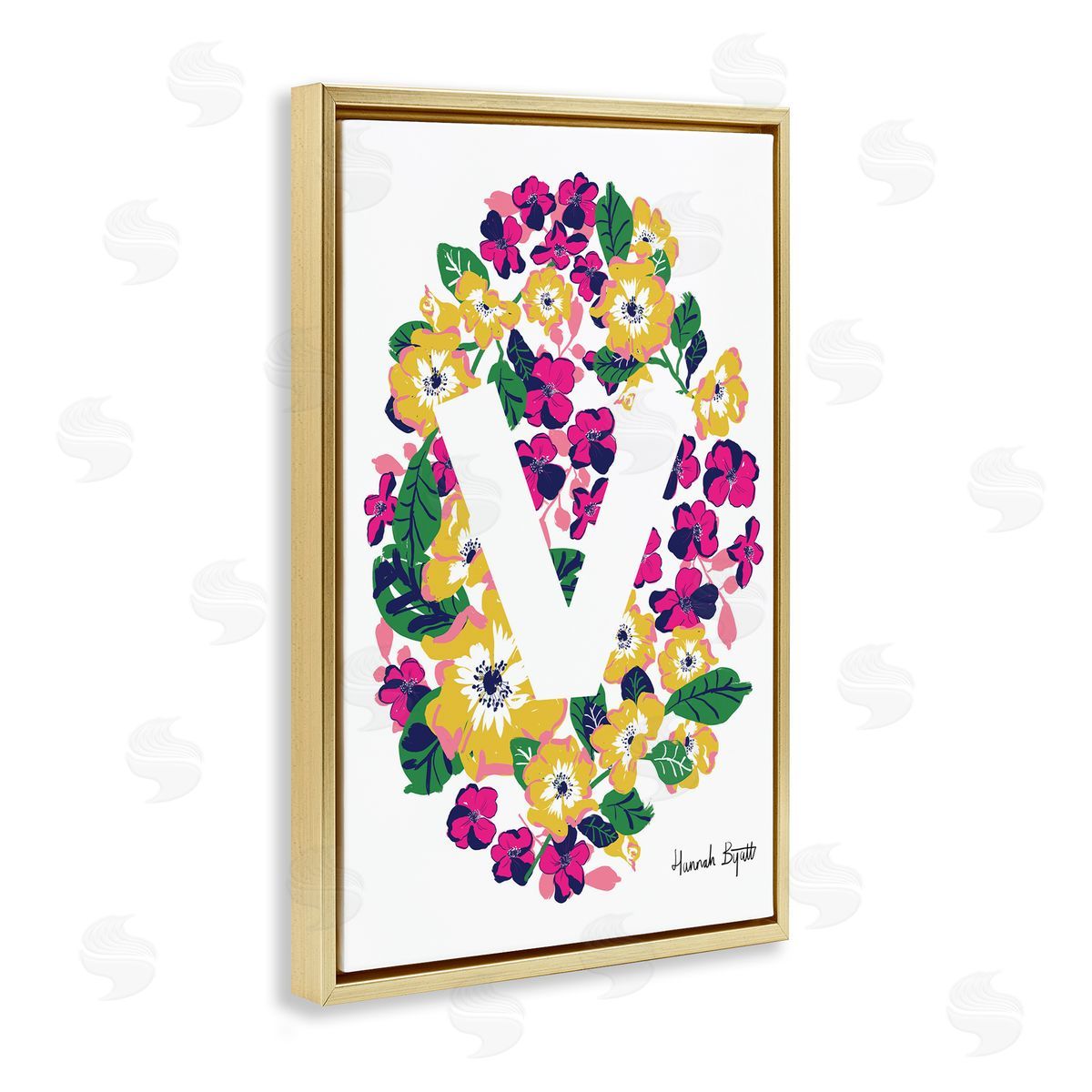 Floral Bloom Letter V Gold Floating Frame Canvas Wall Art, Home Decor by Hannah Louise Byatt