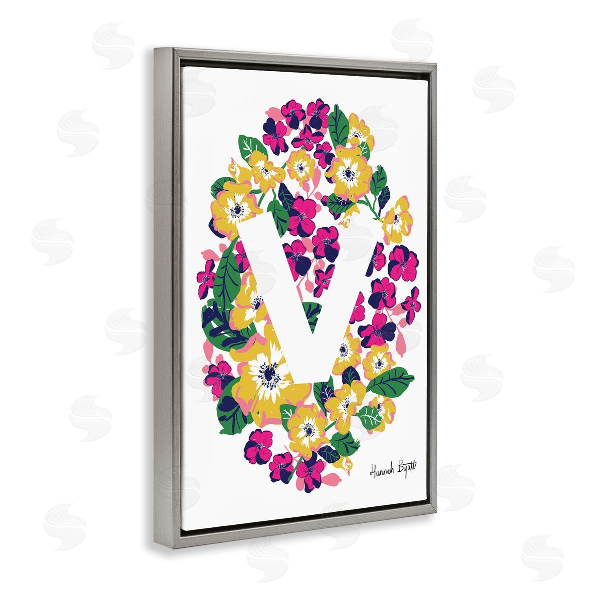 Floral Bloom Letter V Grey Floating Frame Canvas Wall Art, Home Decor by Hannah Louise Byatt