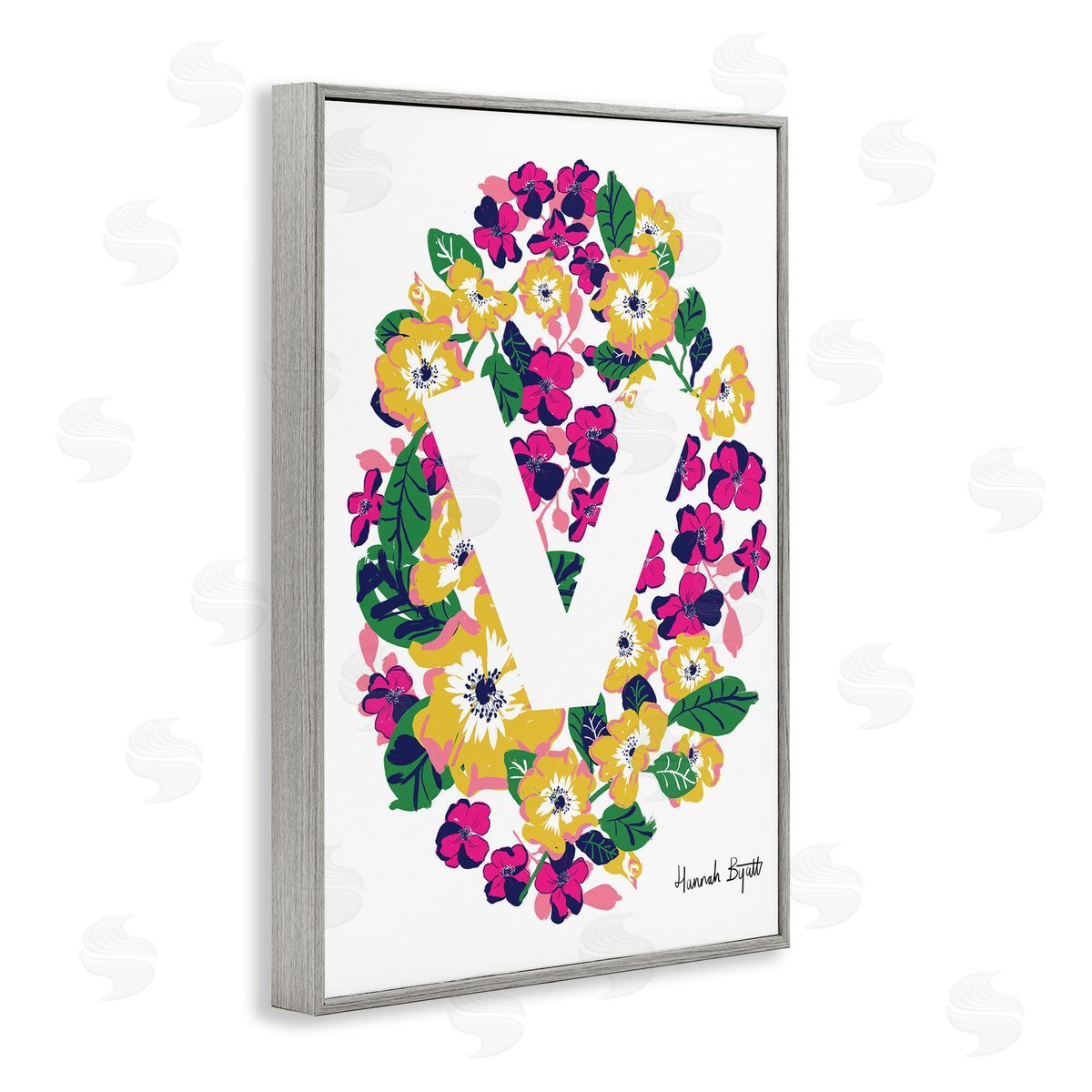Floral Bloom Letter V Grey Frame Print Wall Art, Home Decor by Hannah Louise Byatt