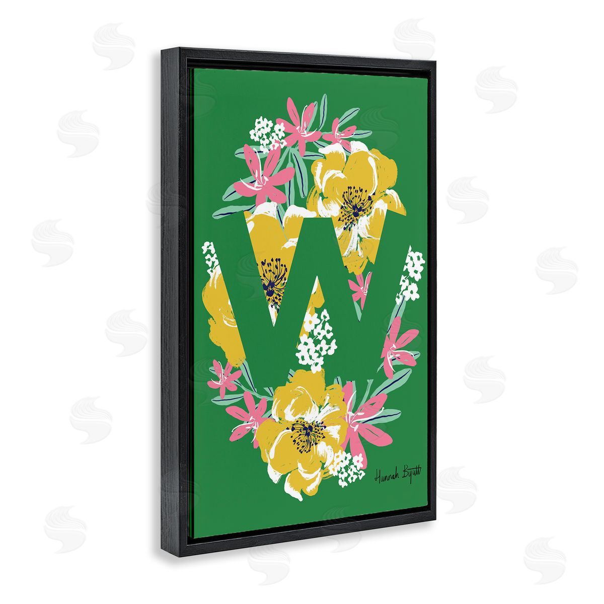 Floral Bloom Letter W Black Floating Frame Canvas Wall Art, Home Decor by Hannah Louise Byatt