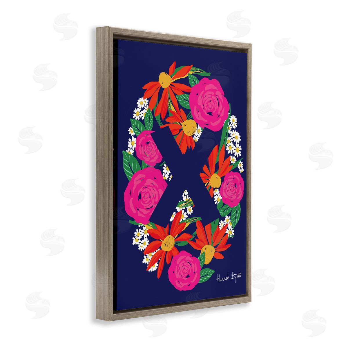 Floral Bloom Letter X Brown Floating Frame Canvas Wall Art, Home Decor by Hannah Louise Byatt