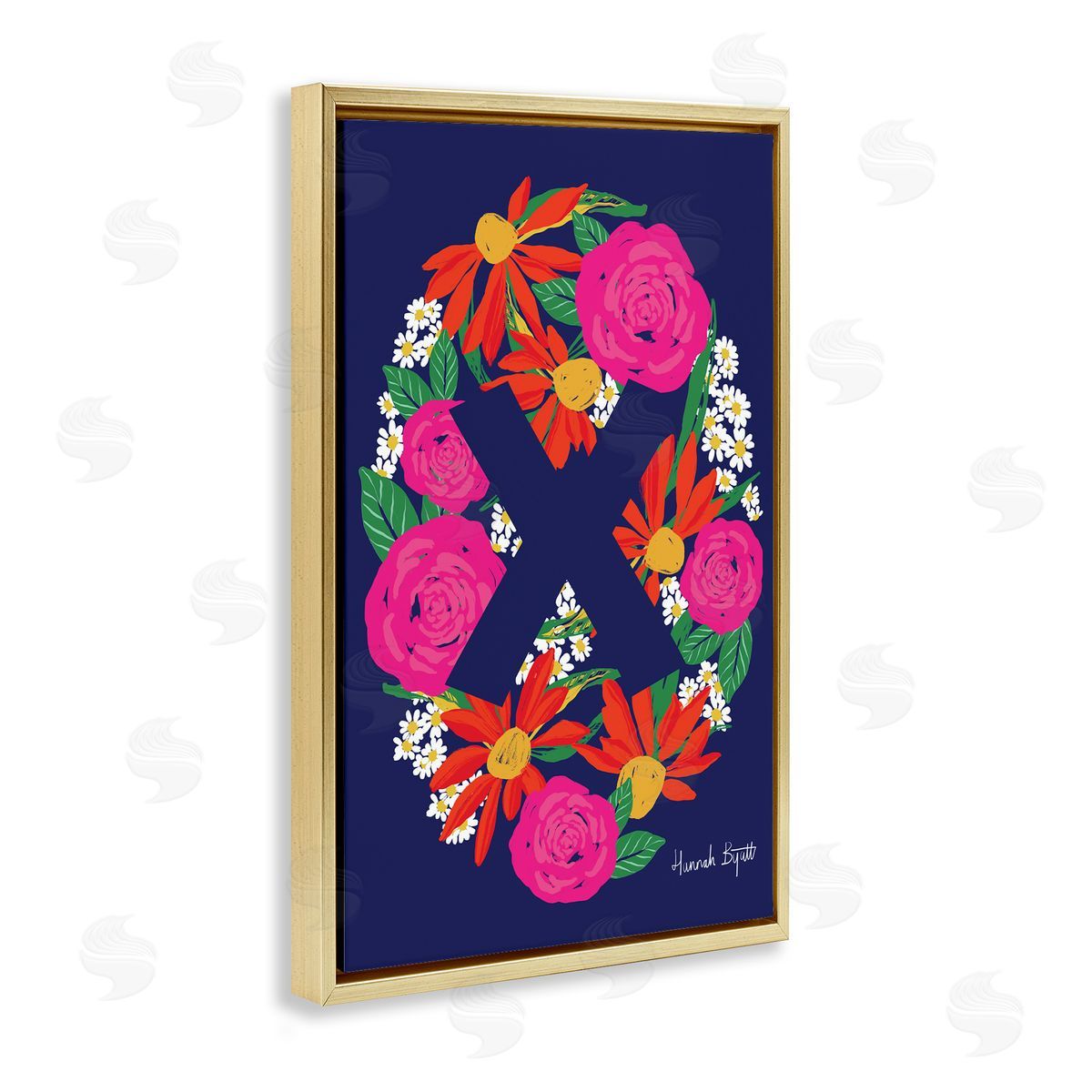 Floral Bloom Letter X Gold Floating Frame Canvas Wall Art, Home Decor by Hannah Louise Byatt