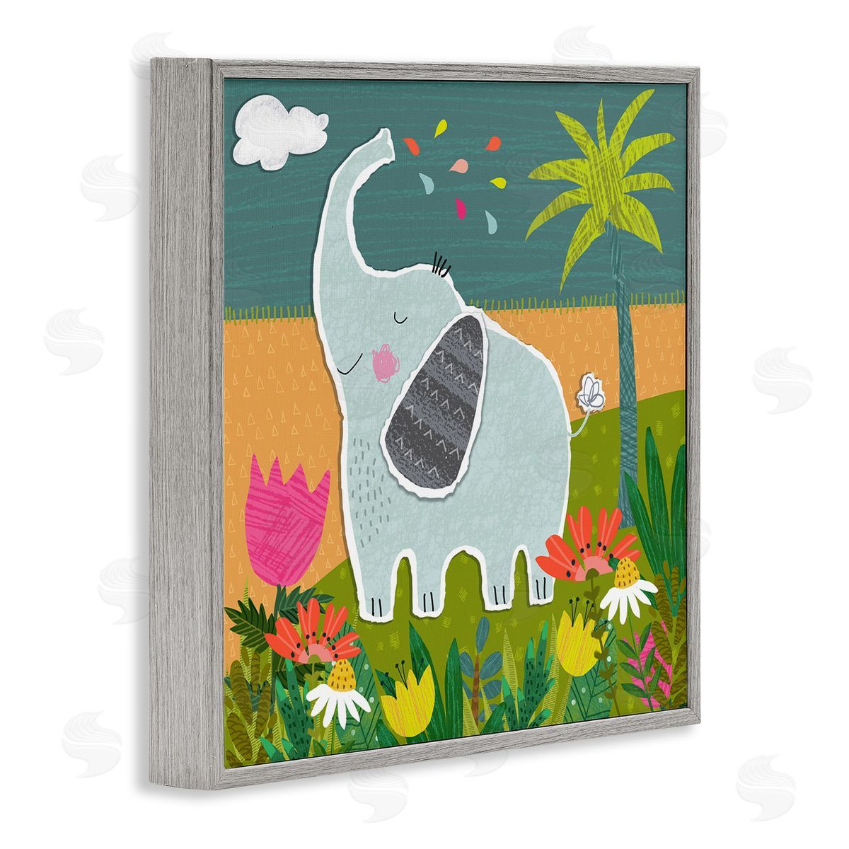 Tina Finn Tropical Elephant Scene Gray Framed Giclee Wall Art Print