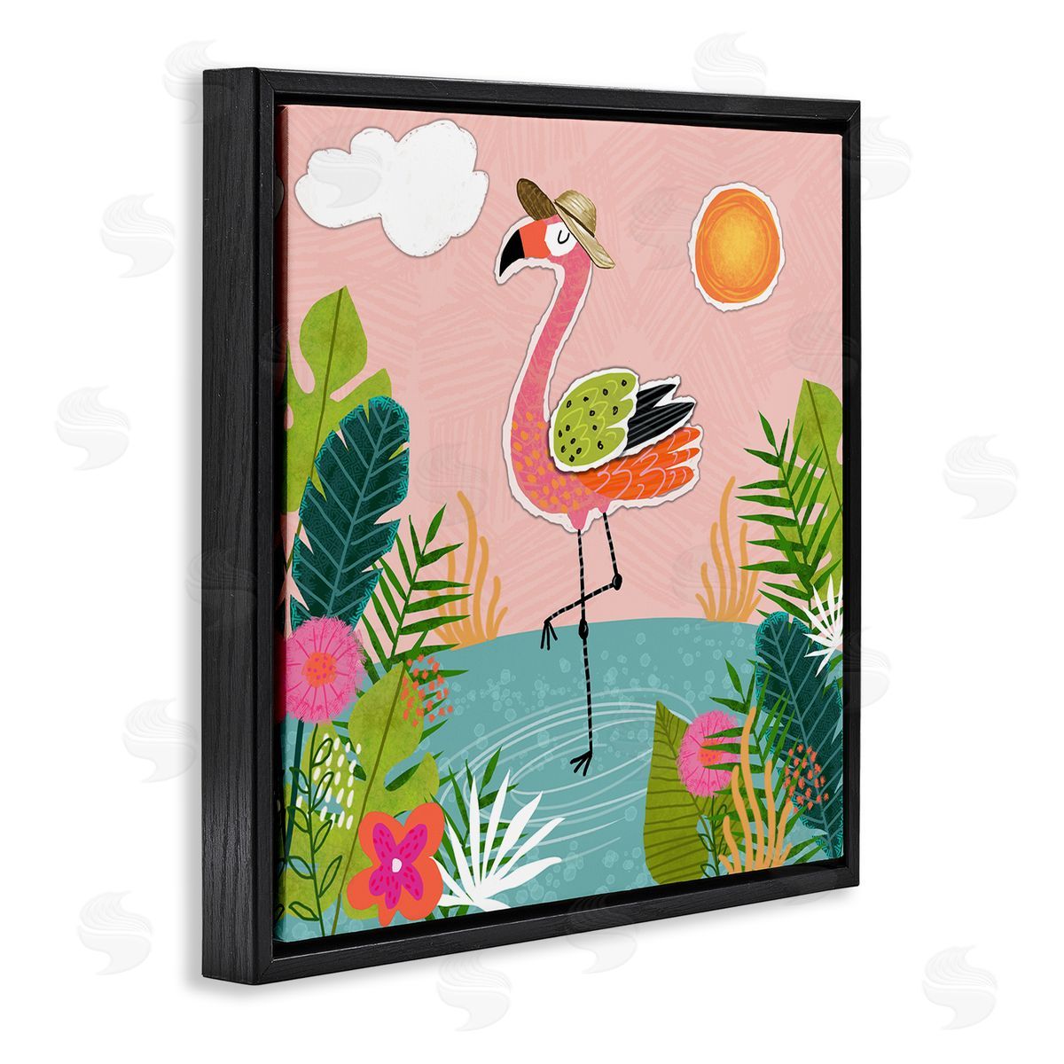 Tina Finn Tropical Flamingo Pond Black Floating Frame Canvas Wall Art Print