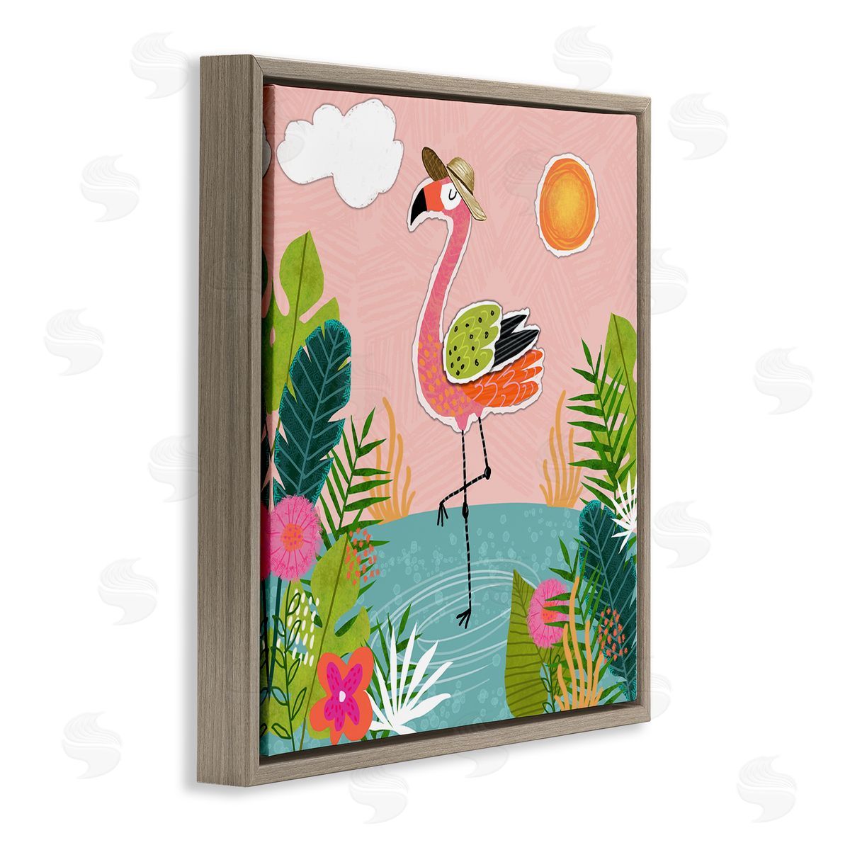 Tina Finn Tropical Flamingo Pond Brown Floating Frame Canvas Wall Art Print