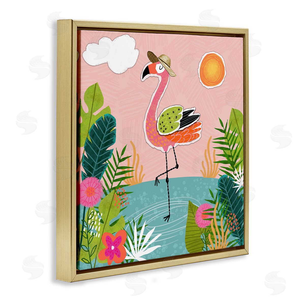 Tina Finn Tropical Flamingo Pond Gold Floating Frame Canvas Wall Art Print