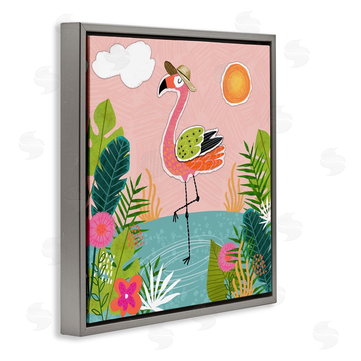 Tina Finn Tropical Flamingo Pond Gray Floating Frame Canvas Wall Art Print