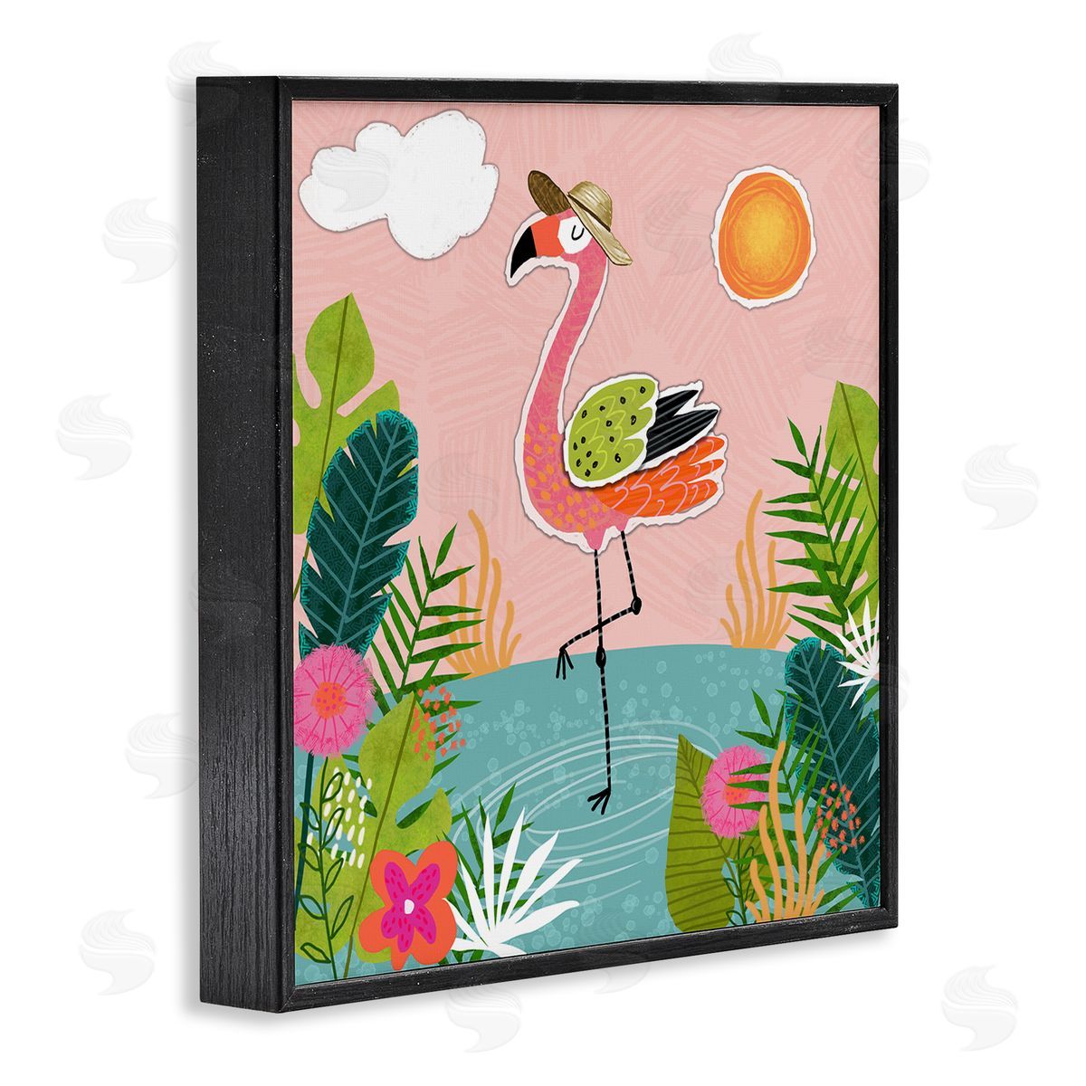 Tina Finn Tropical Flamingo Pond Black Framed Giclee Wall Art Print