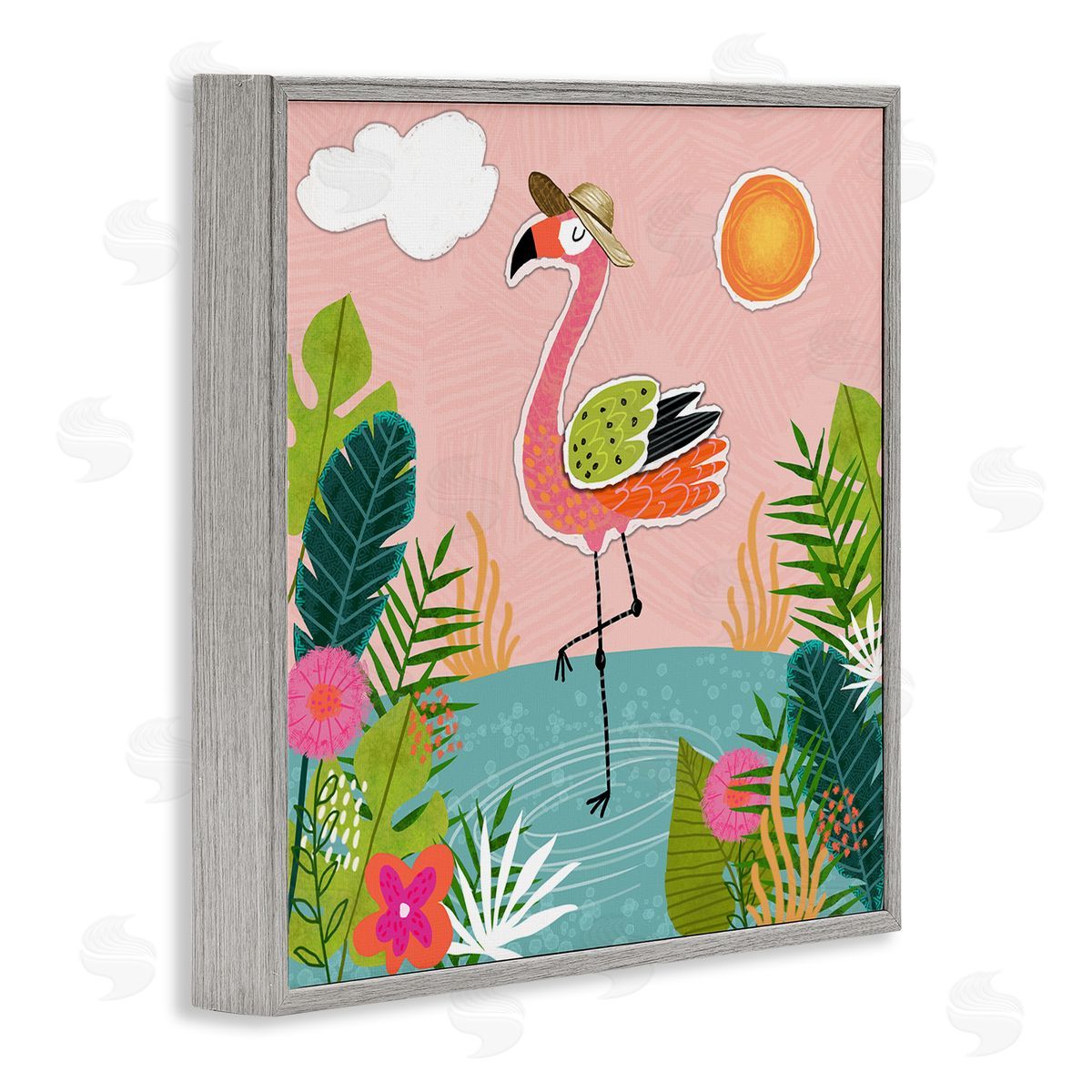 Tina Finn Tropical Flamingo Pond Gray Framed Giclee Wall Art Print