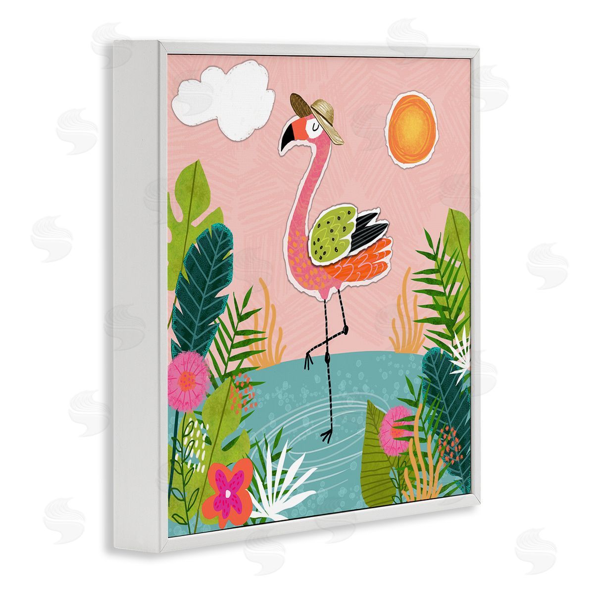Tina Finn Tropical Flamingo Pond White Framed Giclee Wall Art Print