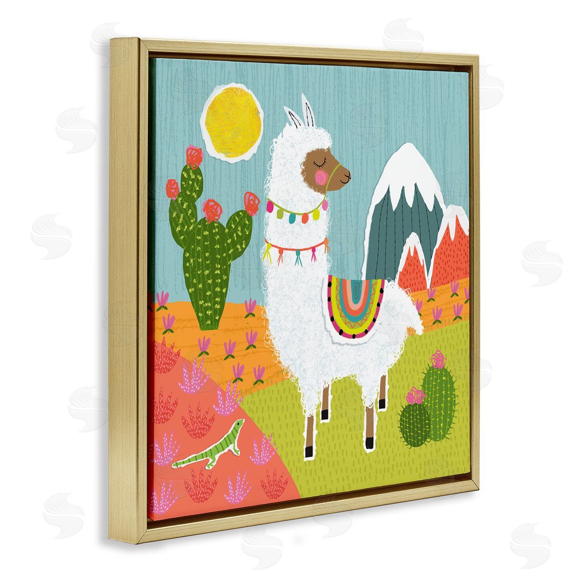 Tina Finn Whimsical Llama Scene Gold Floating Frame Canvas Wall Art Print