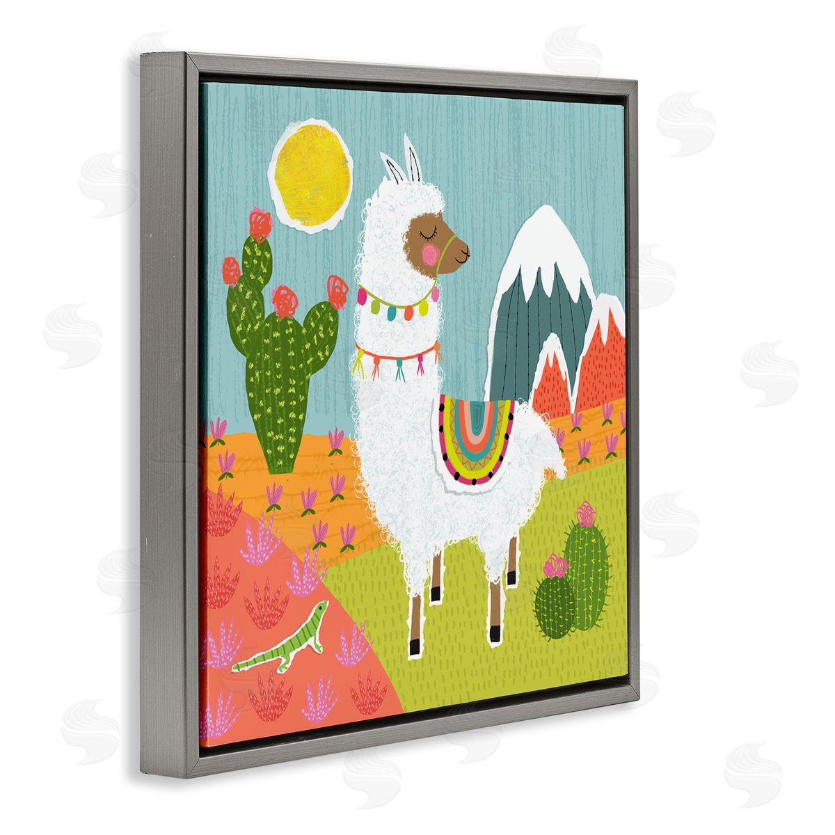 Tina Finn Whimsical Llama Scene Gray Floating Frame Canvas Wall Art Print