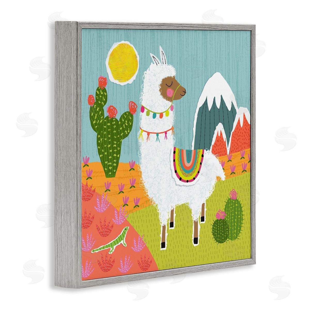 Tina Finn Whimsical Llama Scene Gray Framed Giclee Wall Art Print
