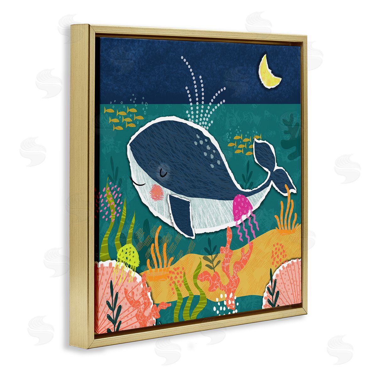 Tina Finn Whale At Nighttime Gold Floating Frame Canvas Wall Art Print