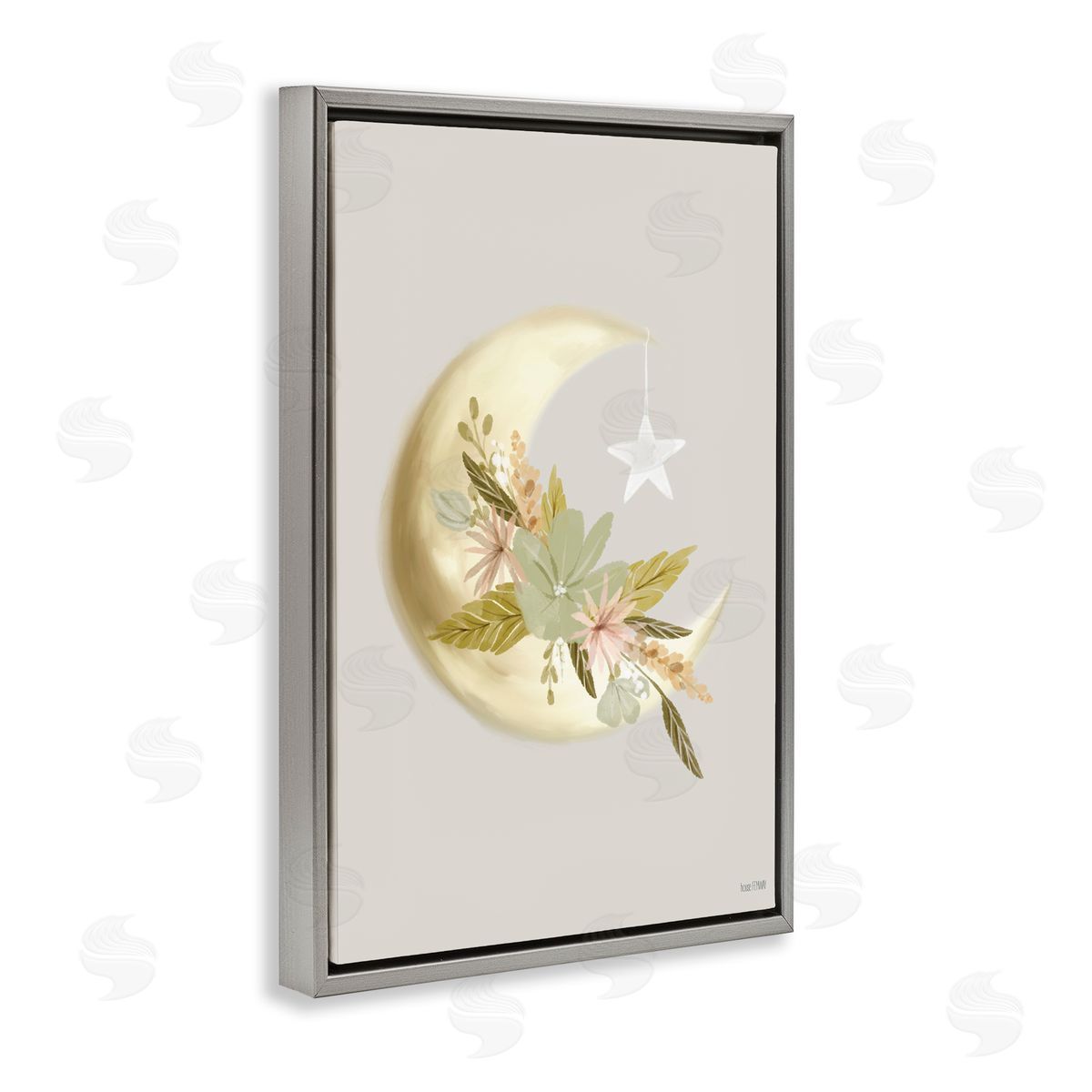 Moon with Flowers Grey Floating Frame Canvas Wall Art, Home Decor by House Fenway